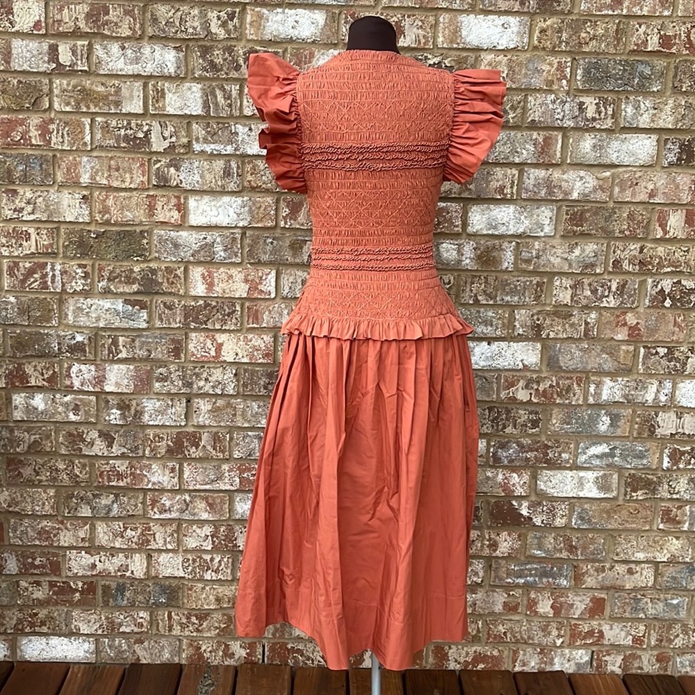 ULLA JOHNSON Madeline ruffled smocked cotton-jersey midi dress size 8 - Picture 4 of 11